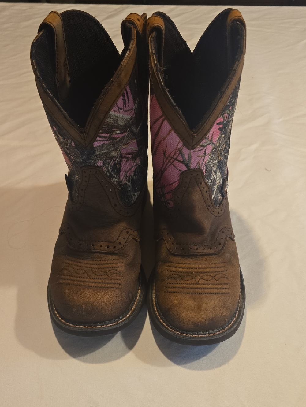 Justin Boots Brown Leather Cowboy Boots with Pink Camouflage Shaft
